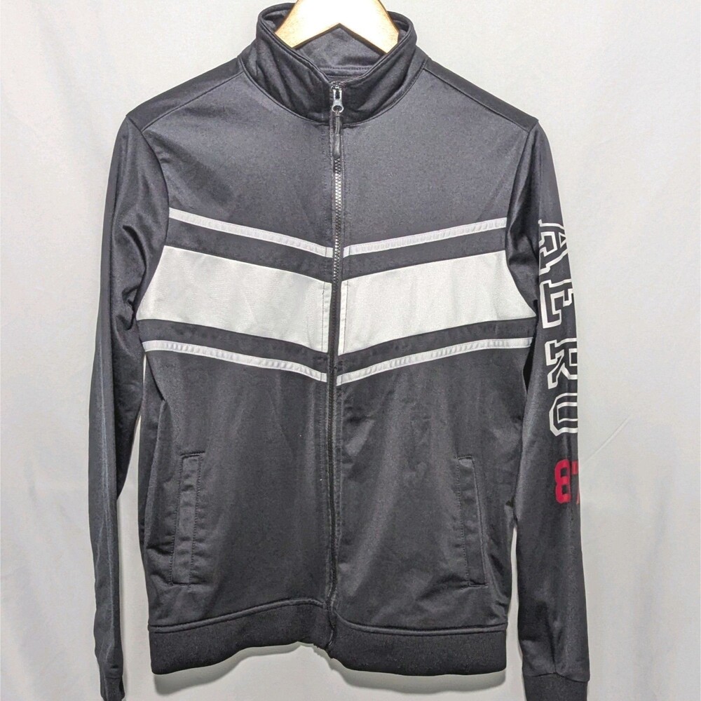 Aeropostale Men's Track Jacket Size M Black Striped Aero 87 Sleeve Full Zip Y2K